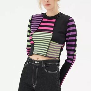 THE RAGGED PRIEST Y2K Vibes Multicolor Punch Patchwork along Sleeve Crop Top